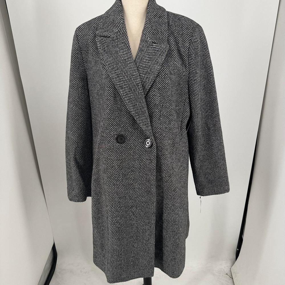 NEW DKNY Fashion Coat WOMENS Gray Black Button Double Breasted Long SIZE‎ LARGE